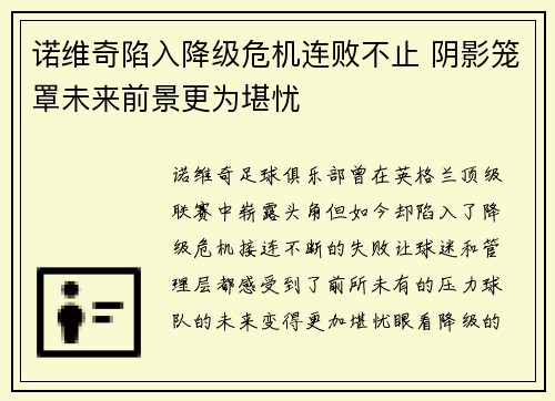 诺维奇陷入降级危机连败不止 阴影笼罩未来前景更为堪忧 诺维奇陷入降级危机连败不止 阴影笼罩未来前景更为堪忧