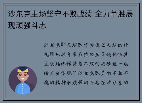 沙尔克主场坚守不败战绩 全力争胜展现顽强斗志 沙尔克主场坚守不败战绩 全力争胜展现顽强斗志
